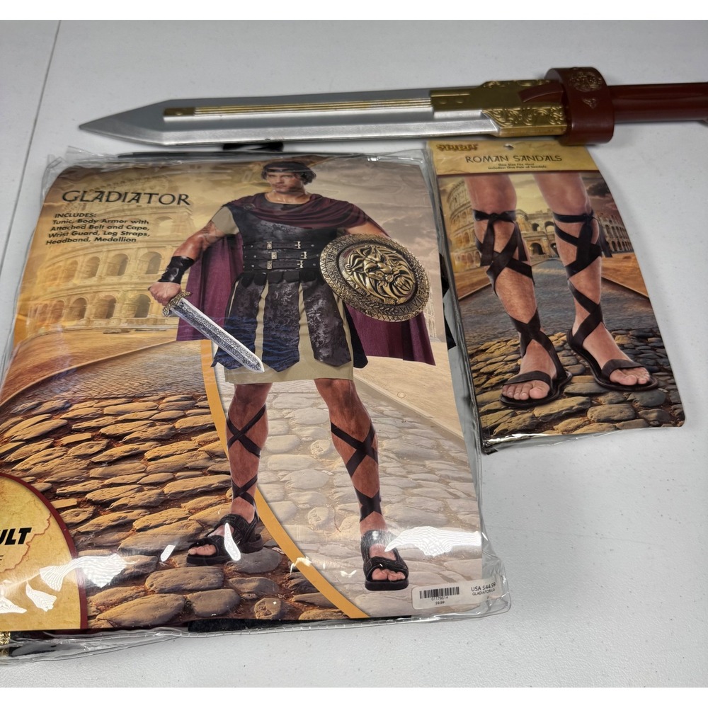 Spirit Halloween Gladiator Adult Costume Large with Roman Sandals and Sword new